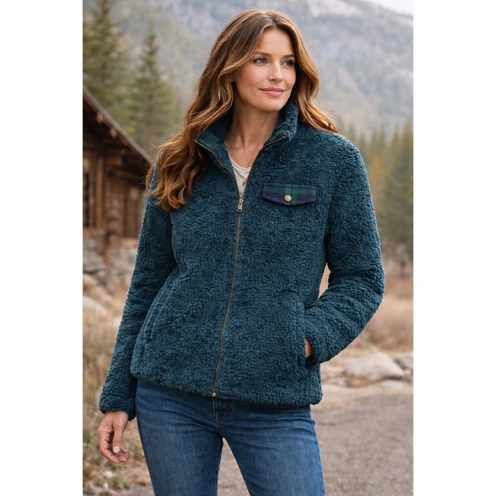 Pendleton Women’s Sherpa Teal Fleece Jacket Plaid Trim Full Zip Coat XL